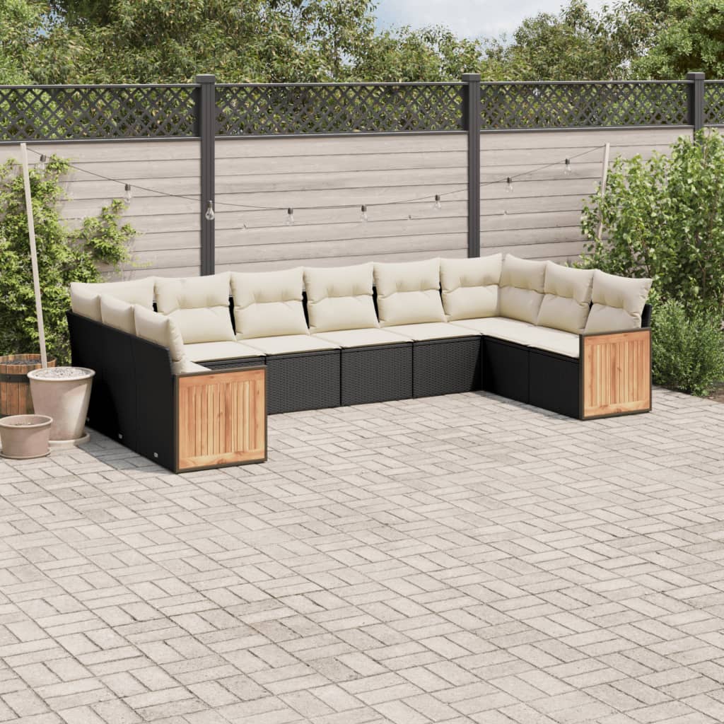 Set canapele de gradina cu perne, 10 piese, negru, poliratan — imaginea 2