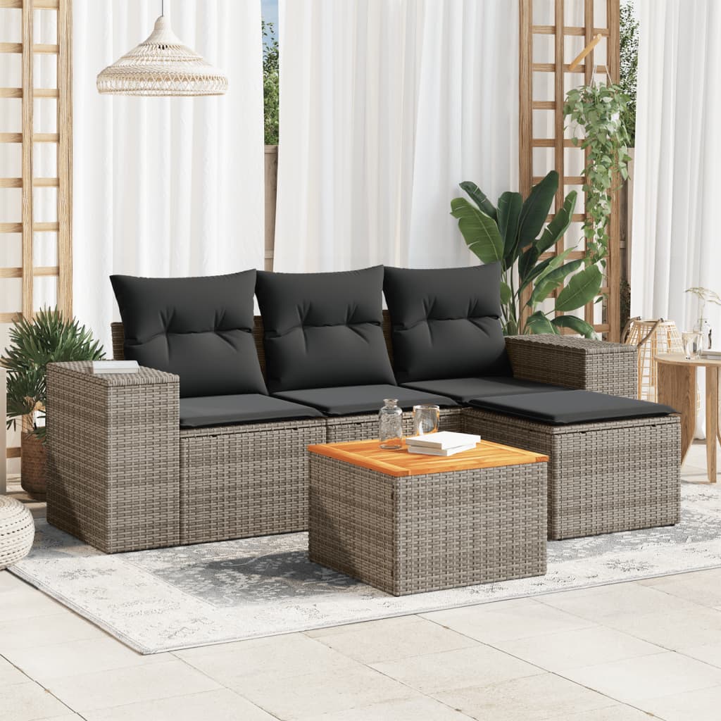 Set canapea de gradina cu perne, 5 piese, gri, poliratan — imaginea 2