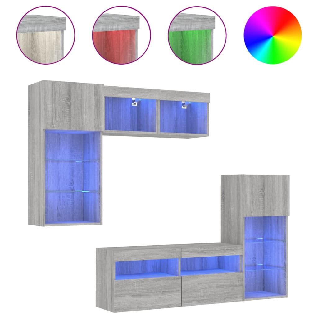 Unitati de perete TV cu LED-uri, 5 piese, gri sonoma, lemn — imaginea 13