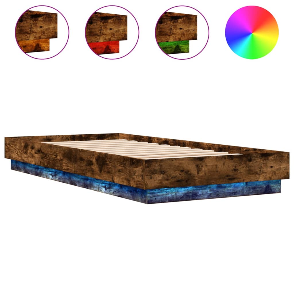 Cadru de pat cu lumini LED, stejar fumuriu, 100x200 cm