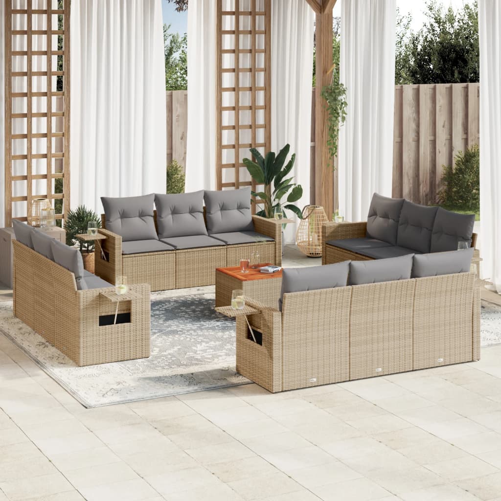 Set canapele de gradina, 13 piese, cu perne, bej, poliratan — imaginea 2