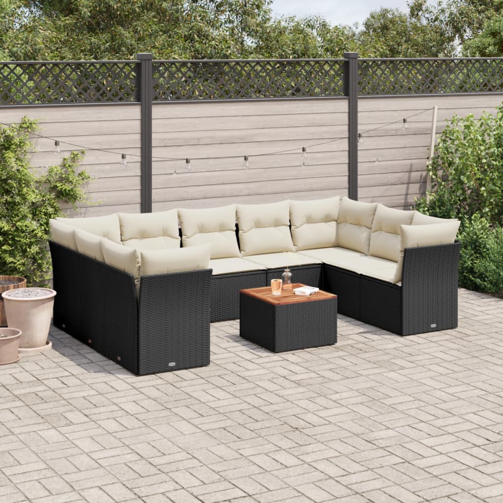 Set canapele de gradina cu perne, 10 piese, negru, poliratan — imaginea 2