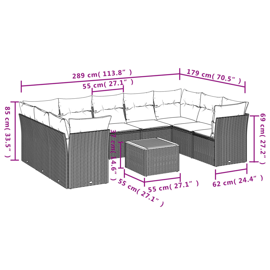Set canapele de gradina cu perne, 10 piese, negru, poliratan — imaginea 3
