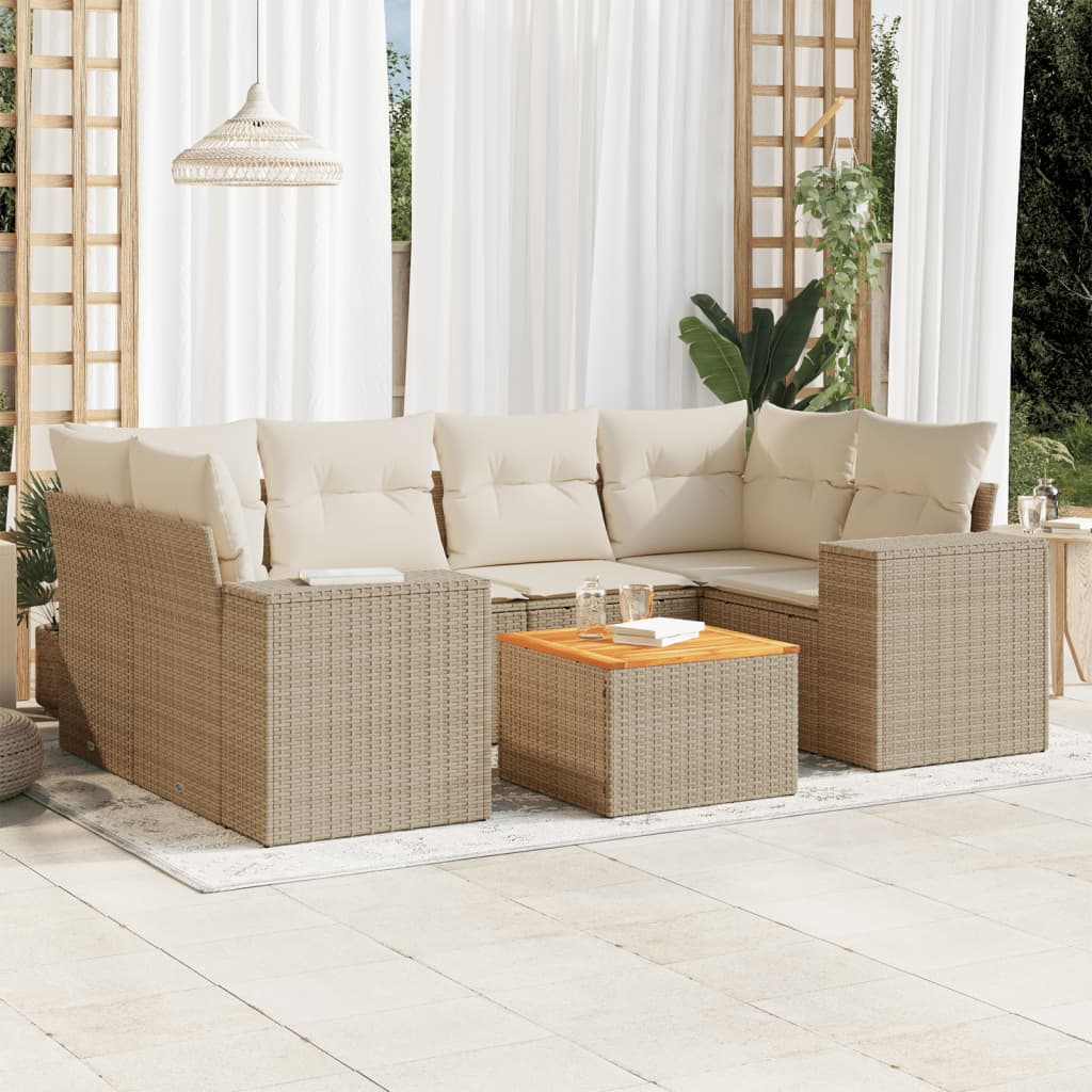 Set canapele de gradina, 7 piese, cu perne, bej, poliratan — imaginea 2