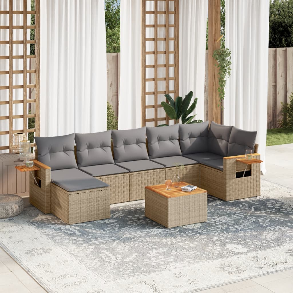 Set canapele de gradina, 8 piese, cu perne, bej, poliratan — imaginea 2