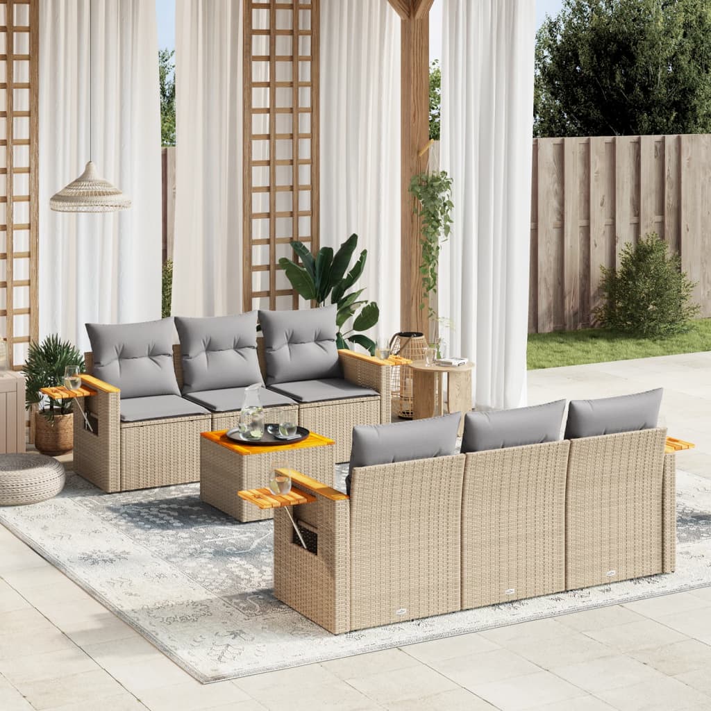 Set canapele de gradina, 7 piese, cu perne, bej, poliratan — imaginea 2