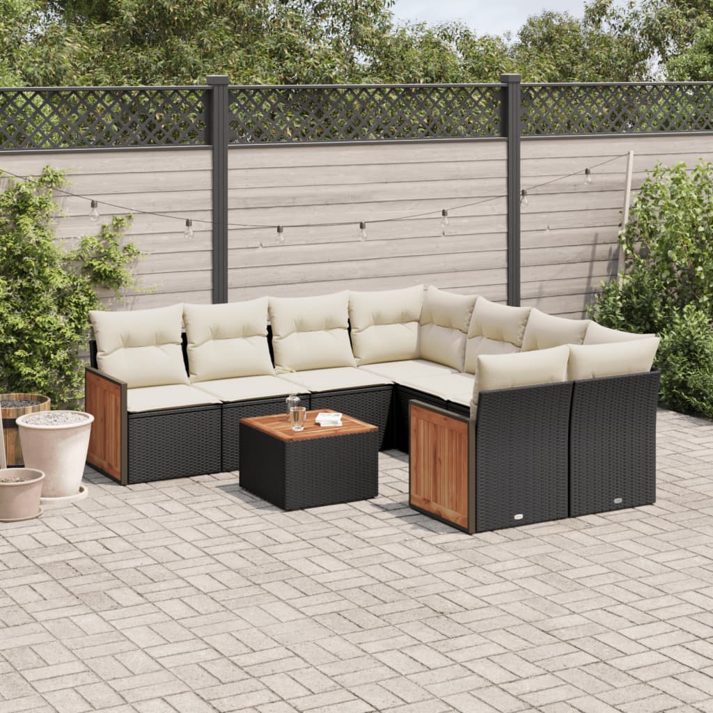 Set mobilier de gradina cu perne, 9 piese, negru, poliratan — imaginea 2