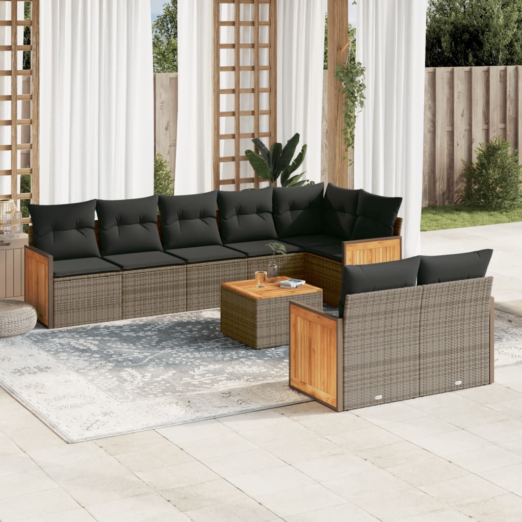 Set canapele de gradina, 9 piese, cu perne, gri, poliratan — imaginea 2