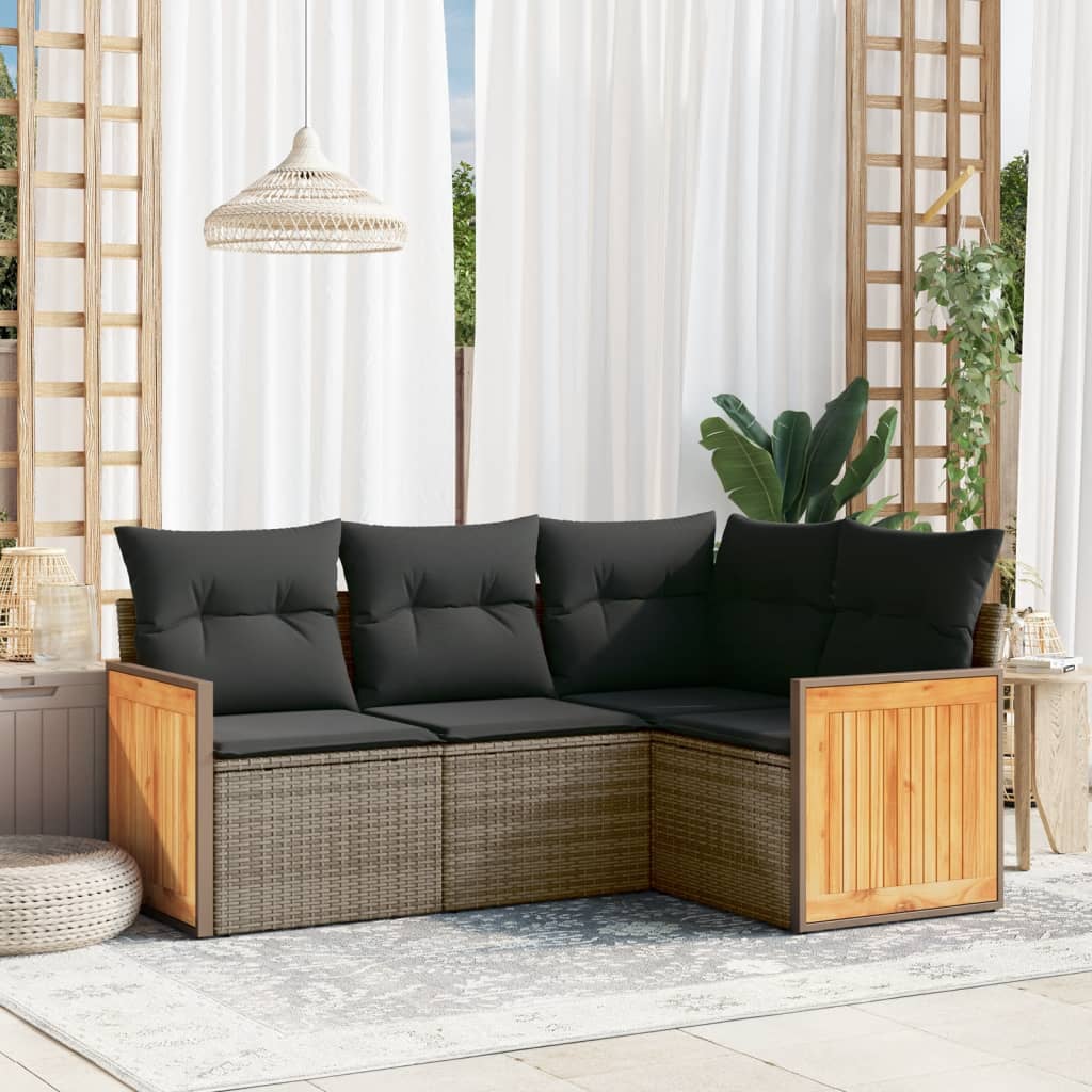 Set canapea de gradina cu perne, 4 piese, gri, poliratan — imaginea 2
