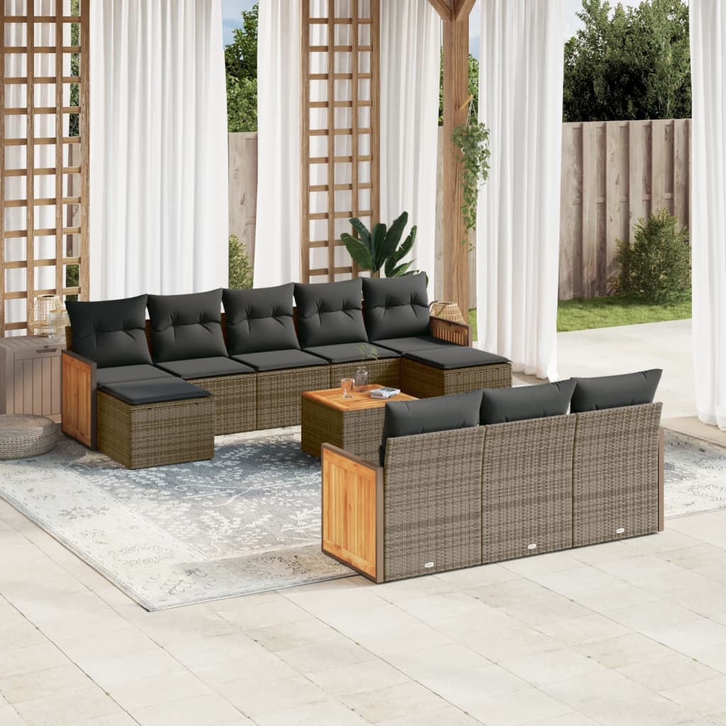 Set canapele de gradina cu perne, 11 piese, gri, poliratan — imaginea 2