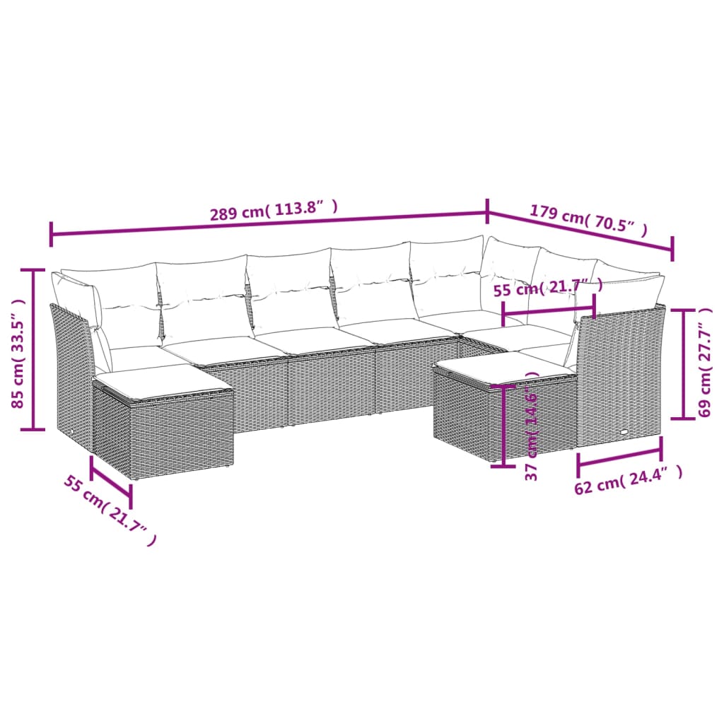Set canapele de gradina, 9 piese, cu perne, bej, poliratan — imaginea 3