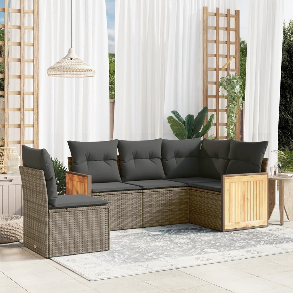 Set canapea de gradina cu perne, 5 piese, gri, poliratan — imaginea 2
