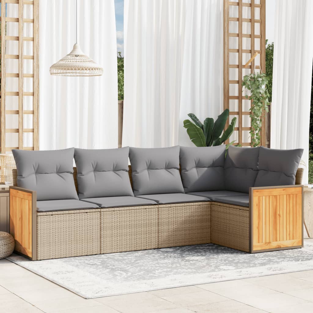 Set canapele de gradina cu perne, 5 piese, bej, poliratan — imaginea 2