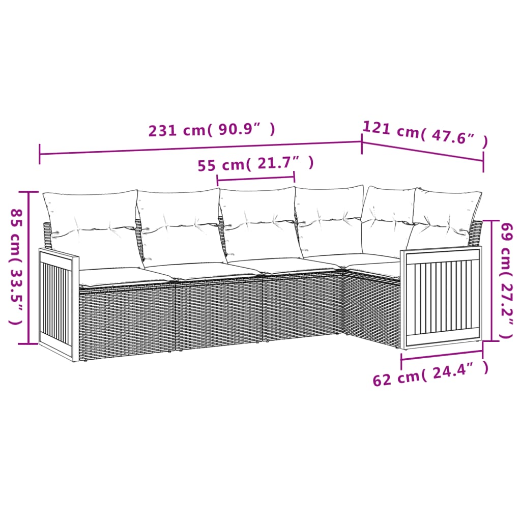 Set canapele de gradina cu perne, 5 piese, bej, poliratan — imaginea 3