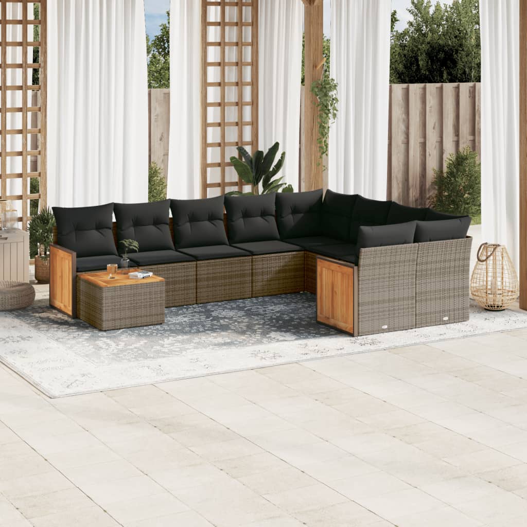 Set mobilier de gradina cu perne, 10 piese, gri, poliratan — imaginea 2