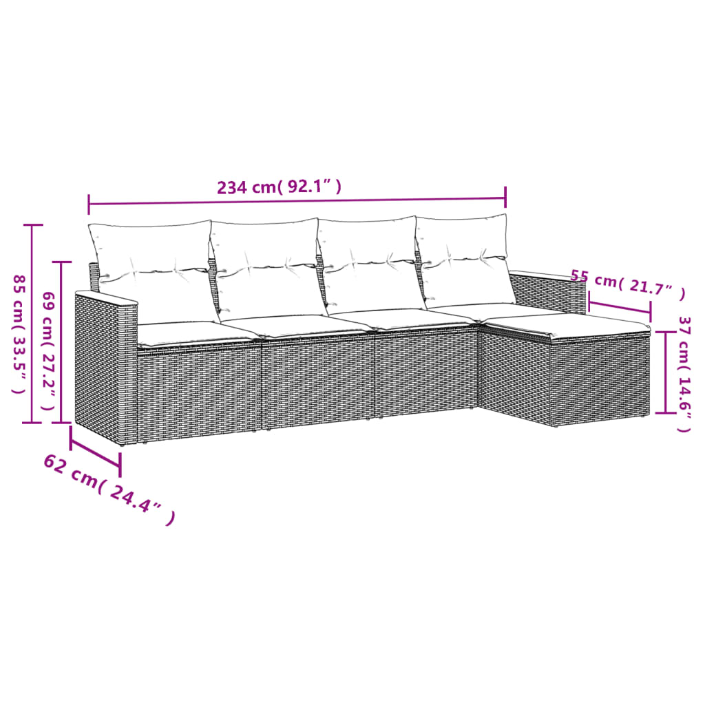 Set canapele de gradina cu perne, 5 piese, bej, poliratan — imaginea 3