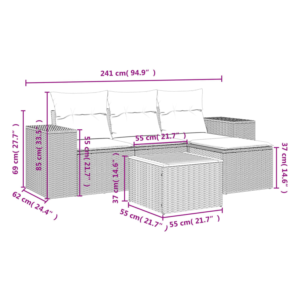 Set canapele de gradina cu perne, 5 piese, bej, poliratan — imaginea 3
