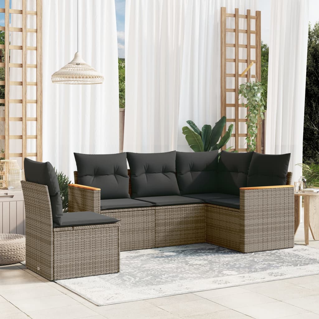 Set canapea de gradina cu perne, 5 piese, gri, poliratan — imaginea 2
