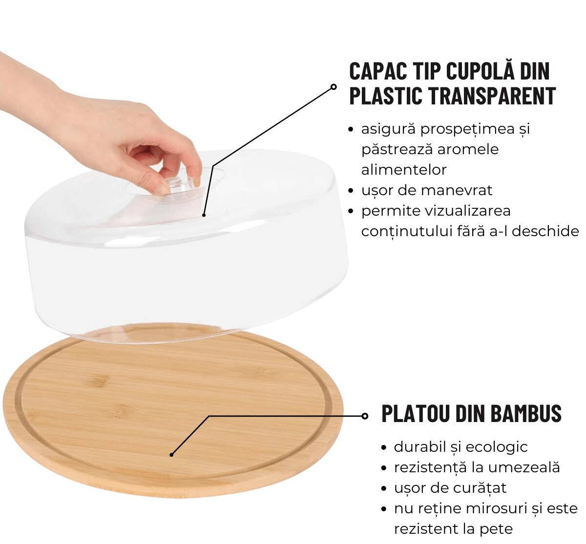 Platou Rotund din Bambus cu Capac pentru Tort, Prajituri, diametru 28cm ABYZ