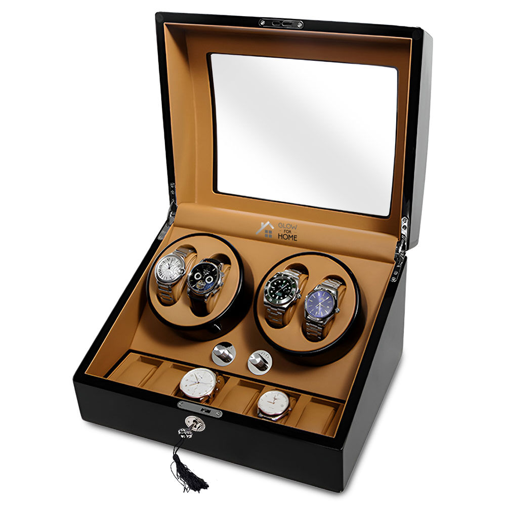 Cutie intors ceasuri automatice premium GlowforHome, Watch Winder, 4 spatii rotire si 6 sloturi depozitare