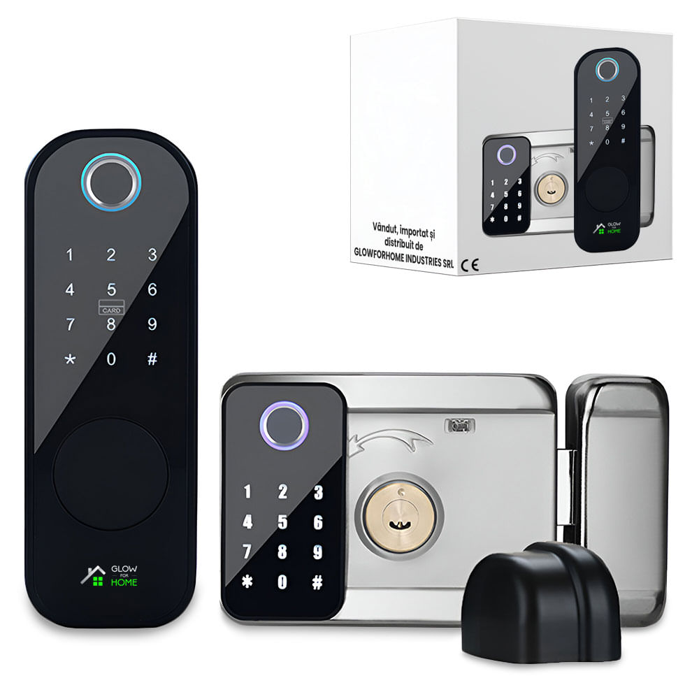 Incuietoare inteligenta pentru usa de interior/exterior, GlowforHome, Aplicatie SMART, amprenta, PIN, wireless