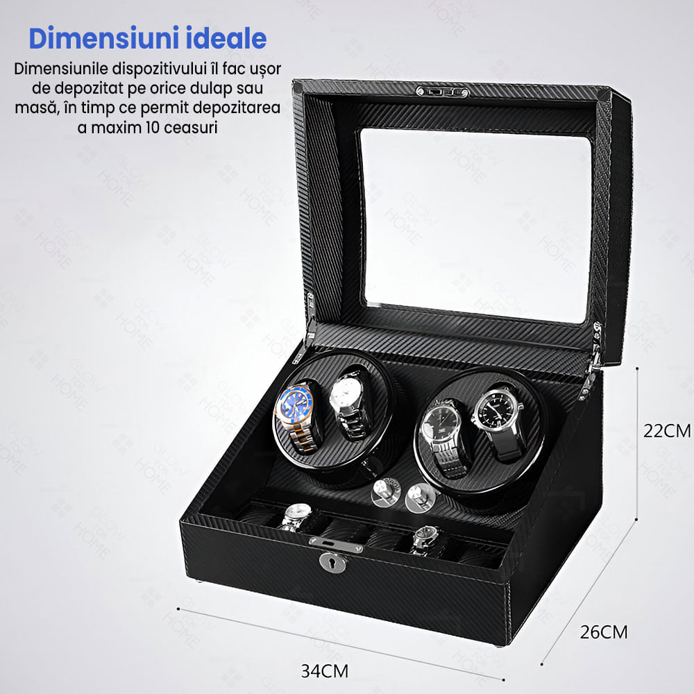 Cutie intors ceasuri automatice premium GlowforHome, Watch Winder, 4 spatii rotire si 6 sloturi depozitare - 3 | YEO