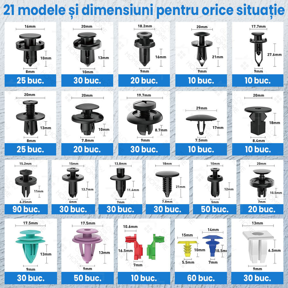 Set 925 piese cu 820 de clipsuri universale si 105 accesorii, GlowforHome, panou de bord, leviere, bureti, bride plastic - 2 | YEO