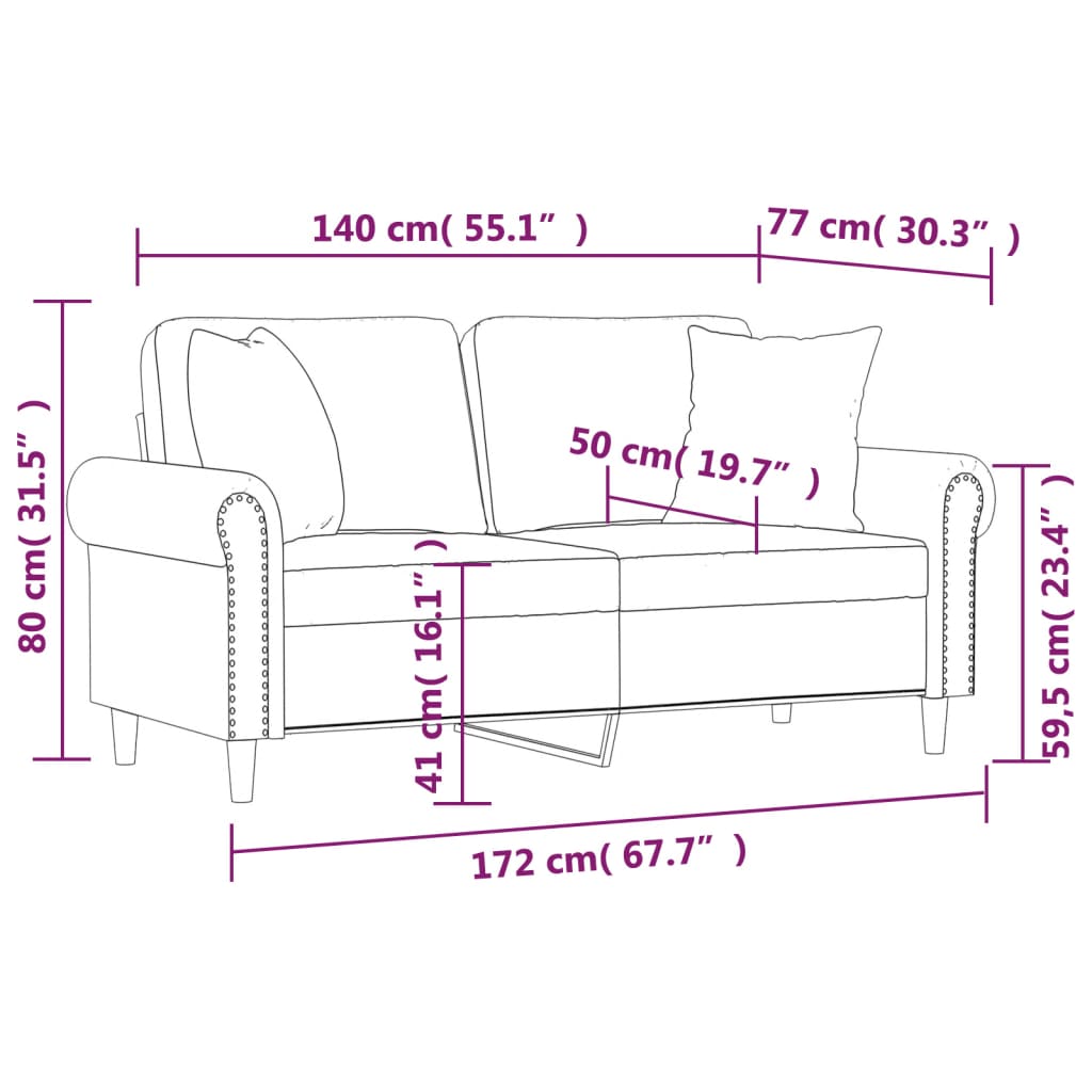Canapea cu 2 locuri cu pernute, crem, 140 cm, catifea — imaginea 8