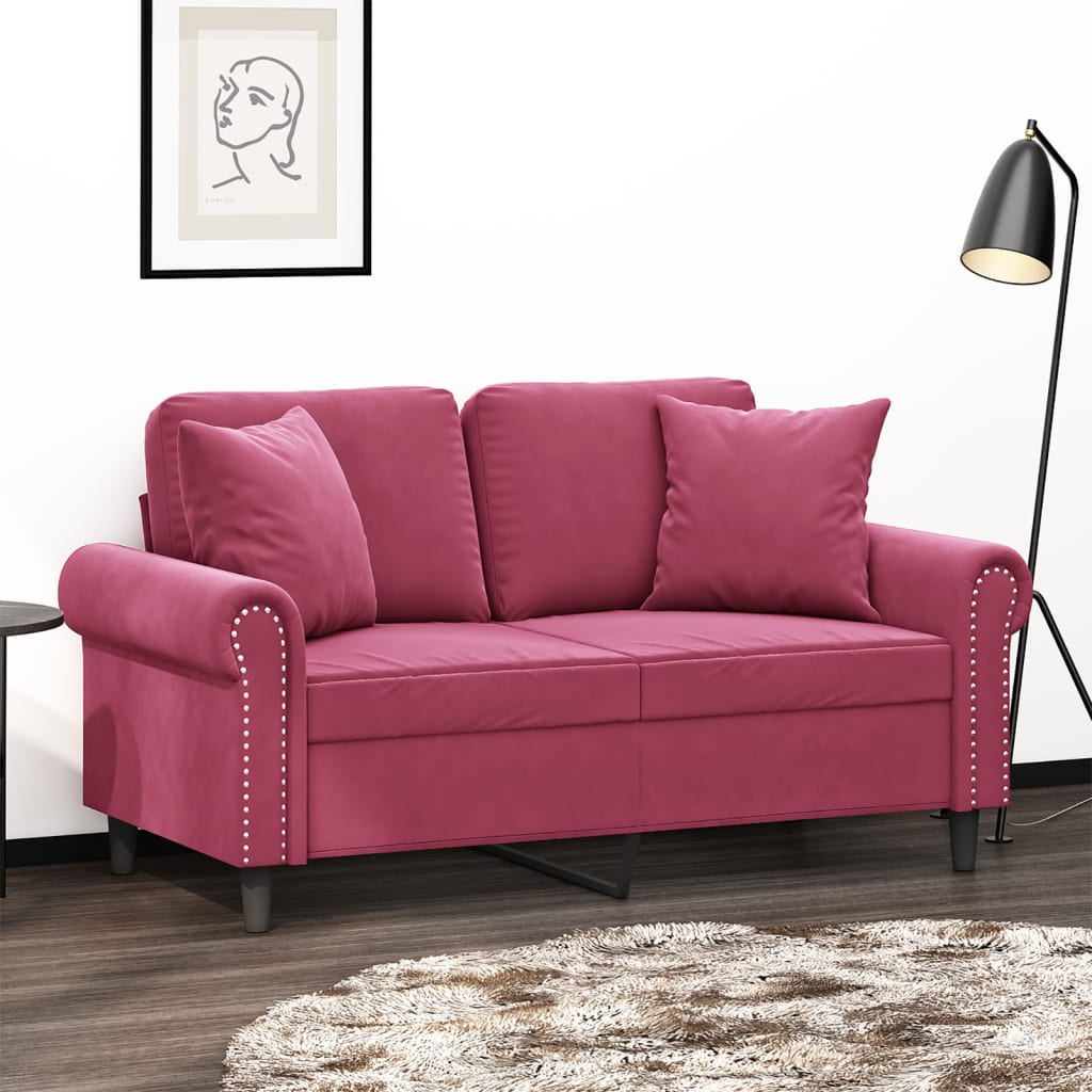 Canapea cu 2 locuri cu pernute, rosu vin, 120 cm, catifea — imaginea 2