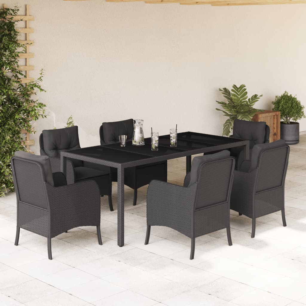 Set mobilier de gradina cu perne, 7 piese, negru, poliratan — imaginea 2