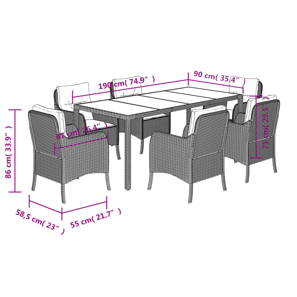 Set mobilier de gradina cu perne, 7 piese, negru, poliratan — imaginea 7