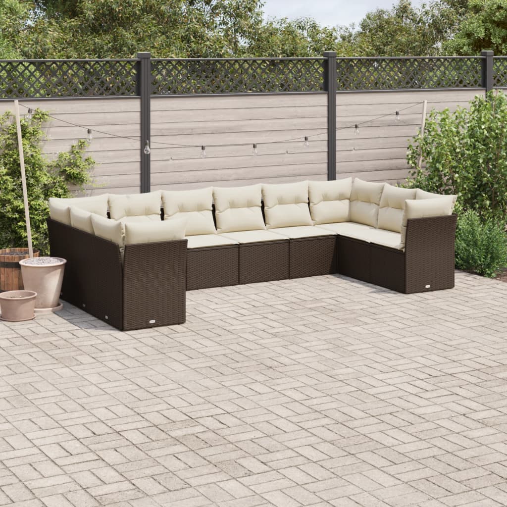 Set canapele de gradina cu perne, 10 piese, maro, poliratan — imaginea 2