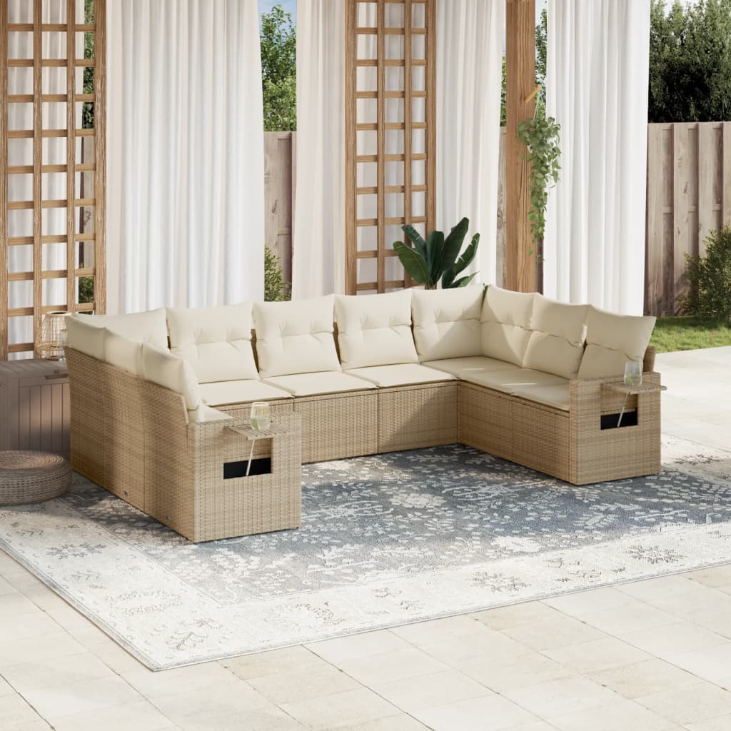 Set canapele de gradina, 9 piese, cu perne, bej, poliratan — imaginea 2