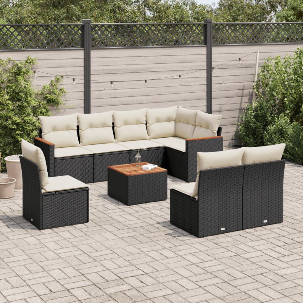 Set mobilier de gradina cu perne, 9 piese, negru, poliratan — imaginea 2