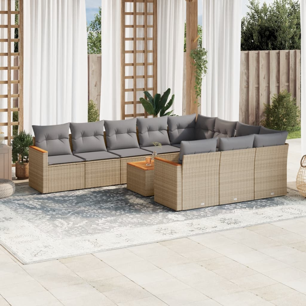 Set canapele de gradina, 11 piese, cu perne, bej, poliratan — imaginea 2