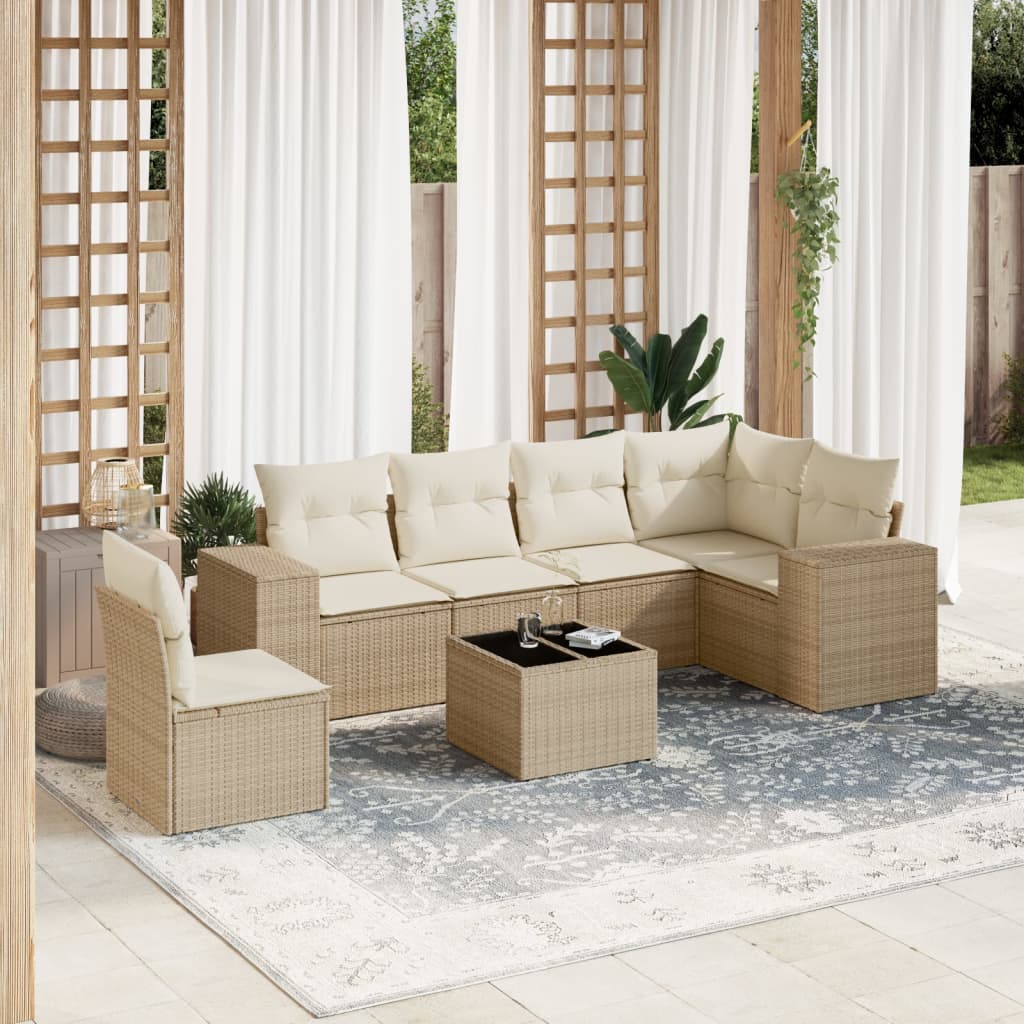 Set canapele de gradina, 7 piese, cu perne, bej, poliratan — imaginea 2