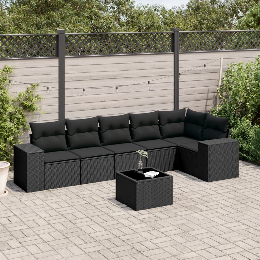 Set canapele de gradina cu perne, 7 piese, negru, poliratan — imaginea 2