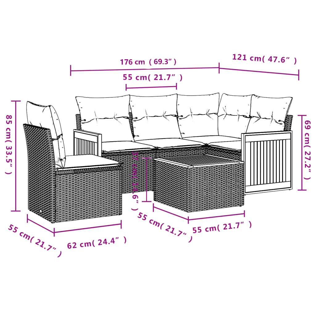 Set mobilier de gradina cu perne, 6 piese, negru, poliratan — imaginea 3