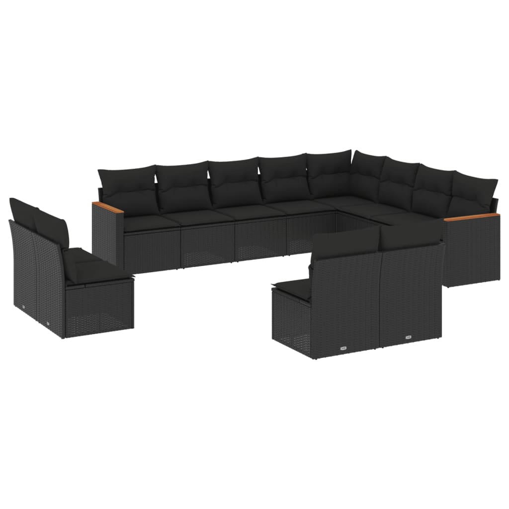 Set canapele de gradina, 12 piese, cu perne, negru, poliratan