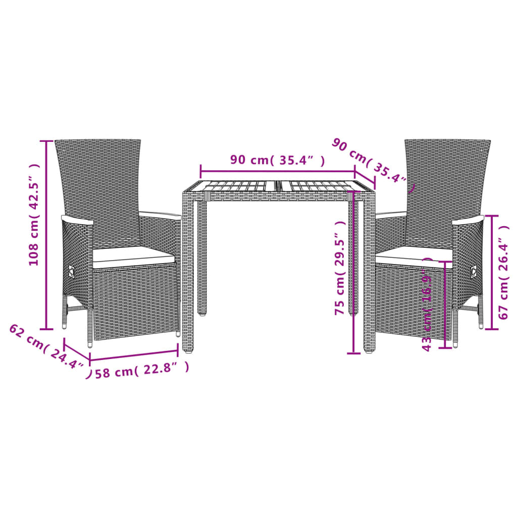 Set mobilier de gradina cu perne, 3 piese, negru, poliratan — imaginea 5