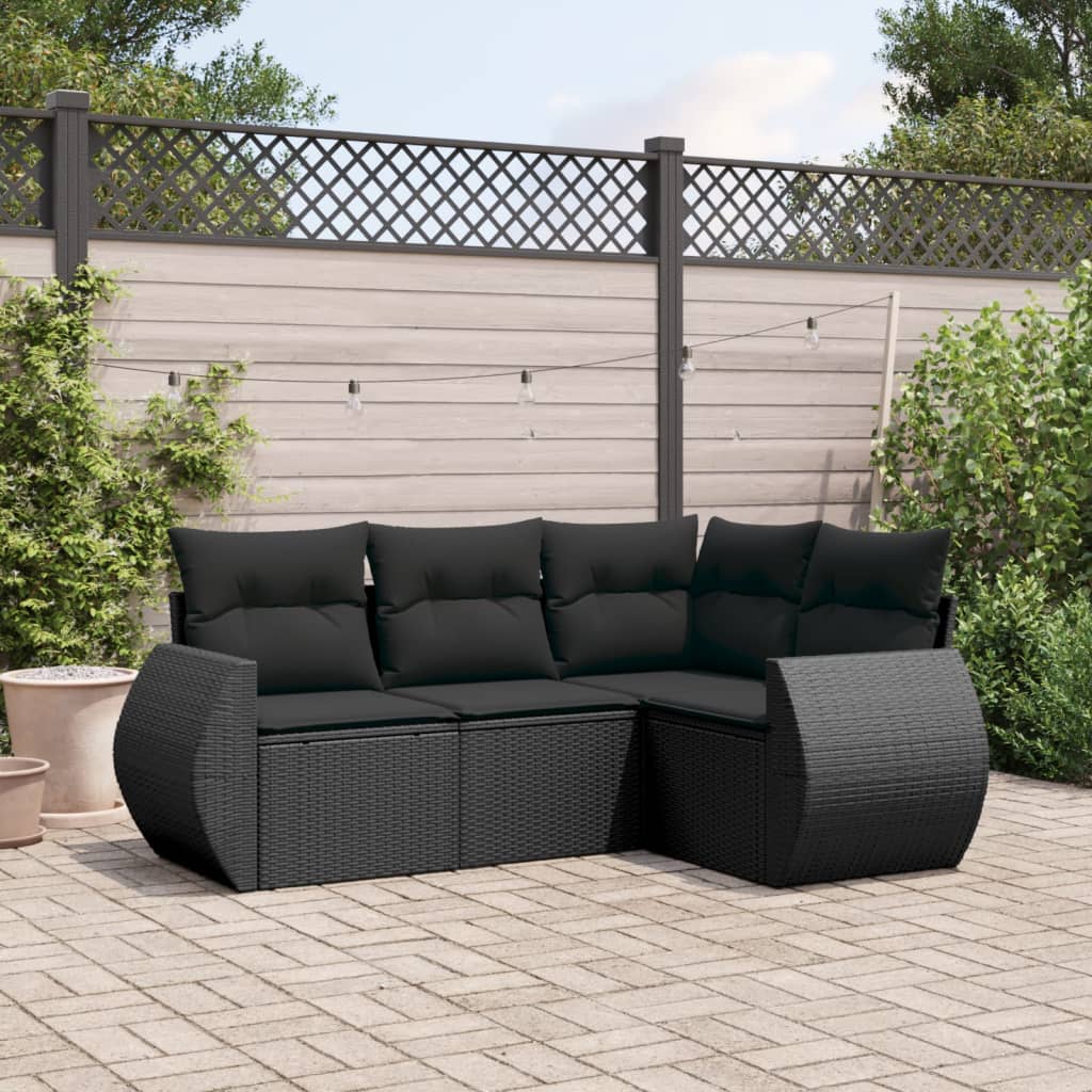 Set mobilier de gradina cu perne, 4 piese, negru, poliratan — imaginea 2