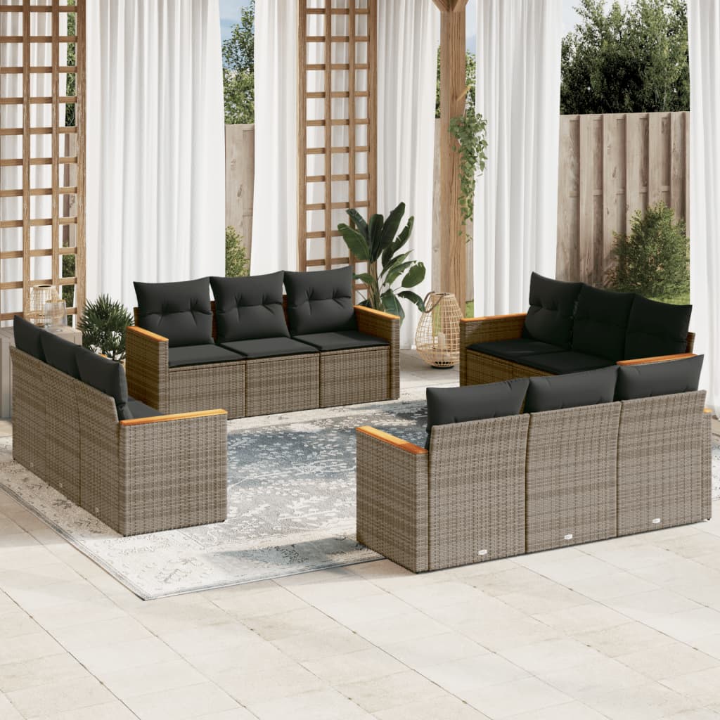 Set canapea de gradina cu perne, 12 piese, gri, poliratan — imaginea 2