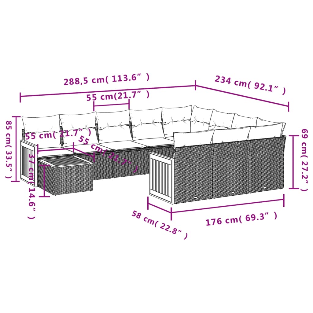 Set canapele de gradina cu perne, 11 piese, bej, poliratan — imaginea 8