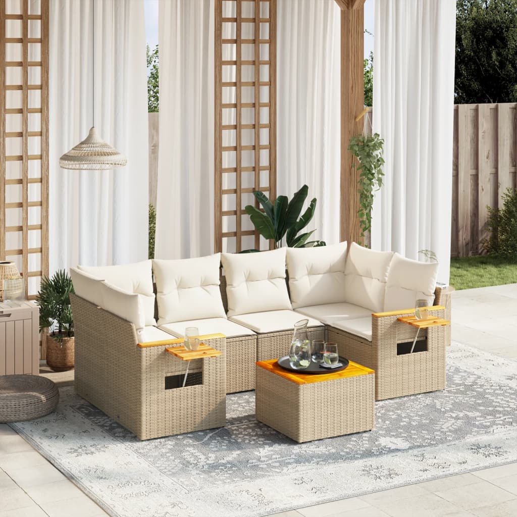 Set canapele de gradina, 7 piese, cu perne, bej, poliratan — imaginea 2