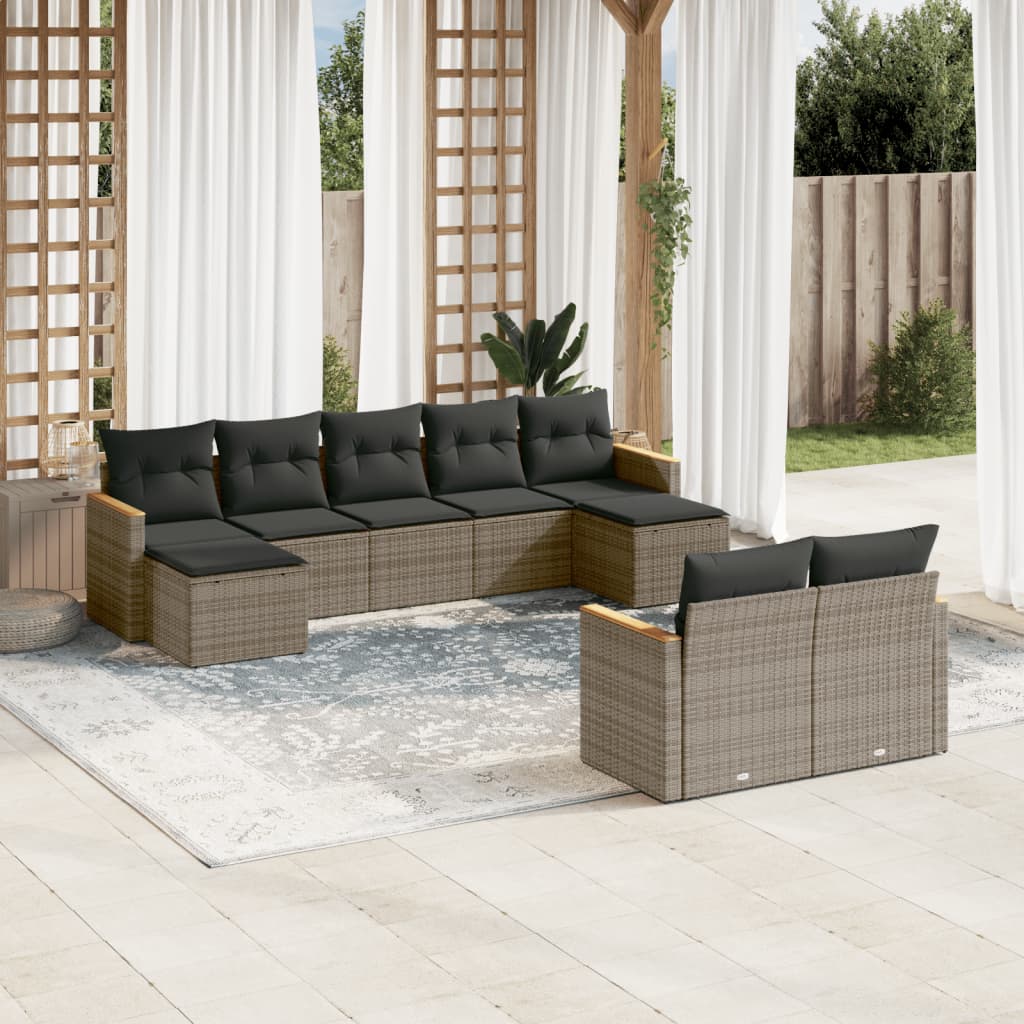 Set canapele de gradina, 9 piese, cu perne, gri, poliratan — imaginea 2