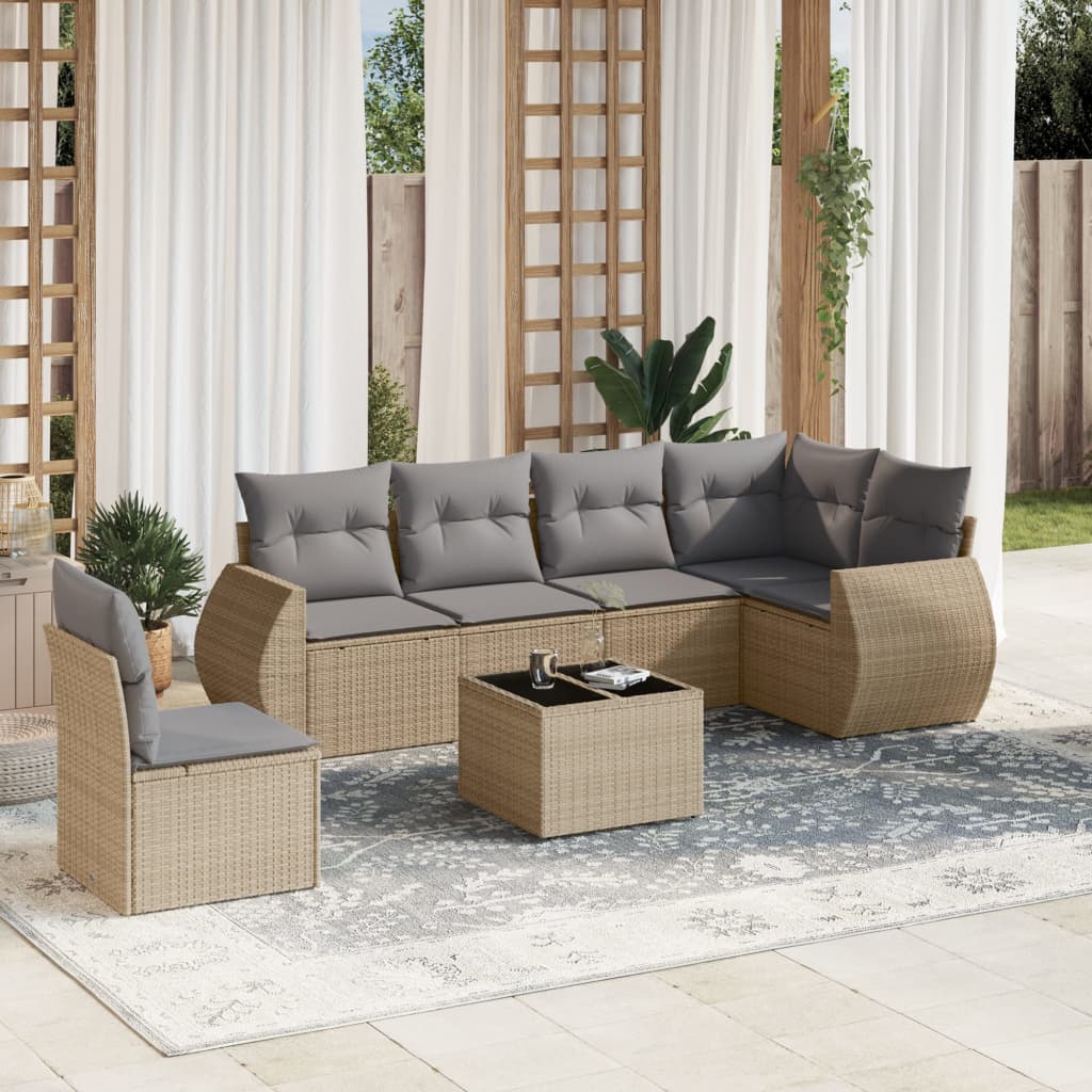 Set canapele de gradina, 7 piese, cu perne, bej, poliratan — imaginea 2