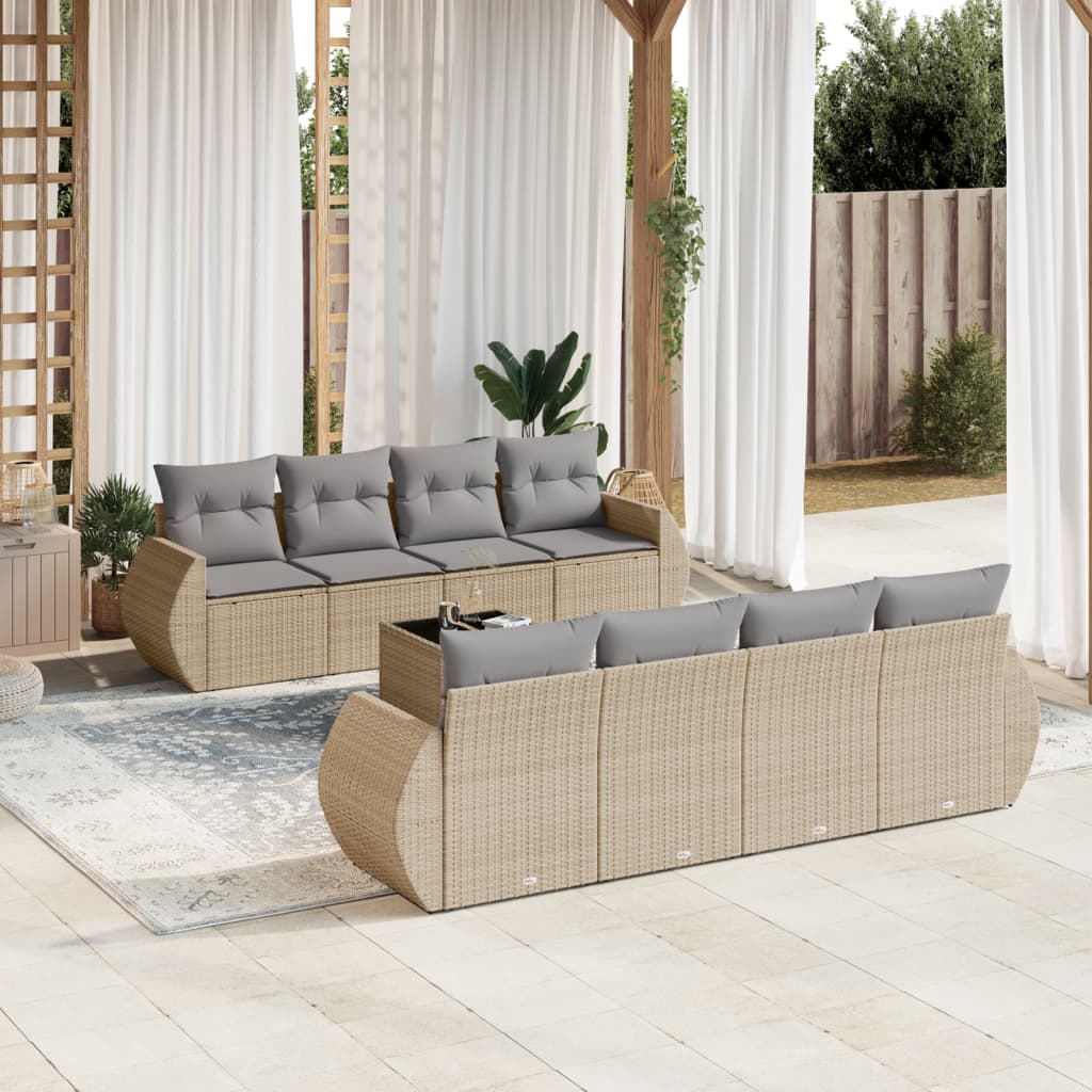 Set canapele de gradina, 9 piese, cu perne, bej, poliratan — imaginea 2