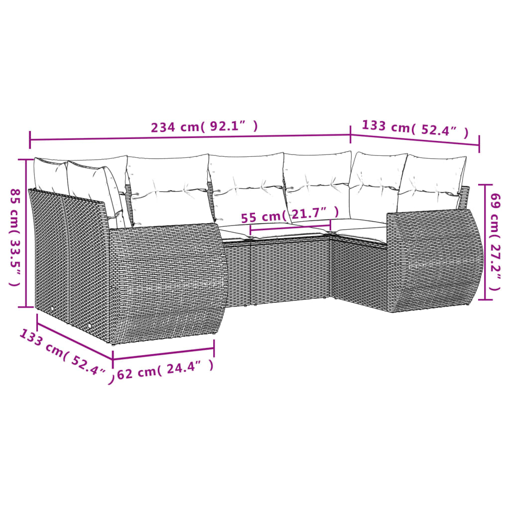 Set canapele de gradina cu perne, 7 piese, negru, poliratan — imaginea 3