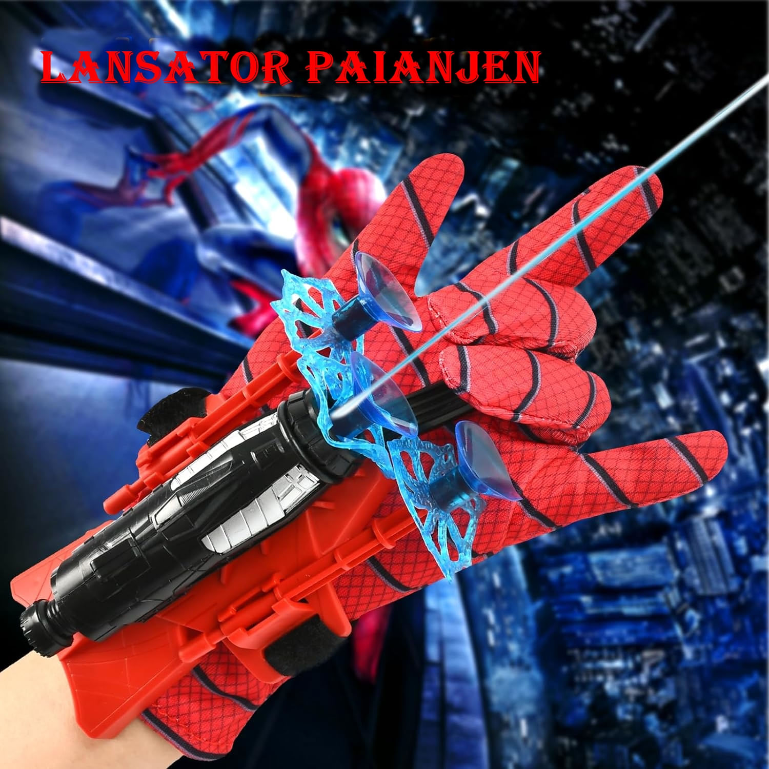 Manusi Spiderman cu ventuze, sfoara si lansator, IdeallStore®, rosu