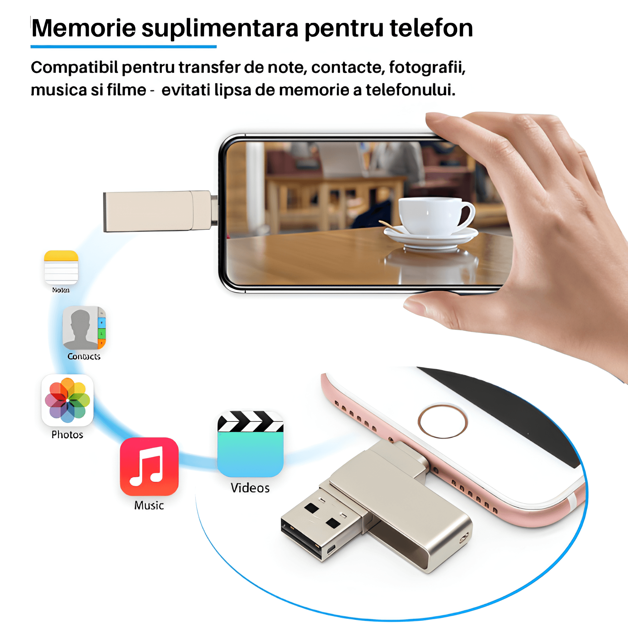 Memorie USB Dual Drive pentru Smartphone-uri, Tablete si Calculatoare, 8 Gbps, USB 3.1, USB Type-C, Metal, Argintiu - imagine 2